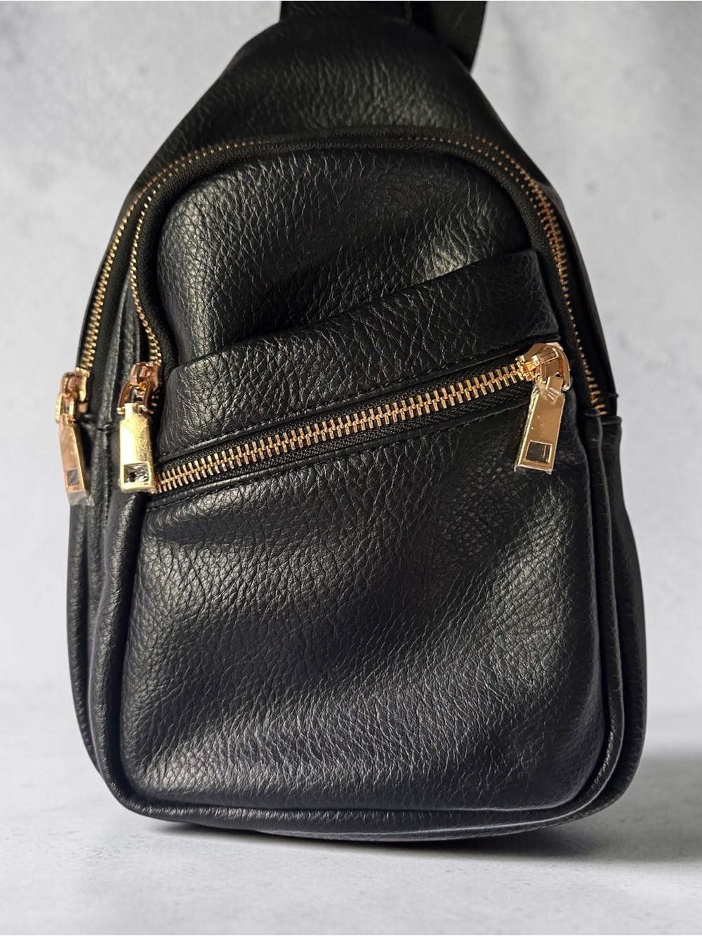 Black Leather Crossbody Sling Bag with Gold Hardware